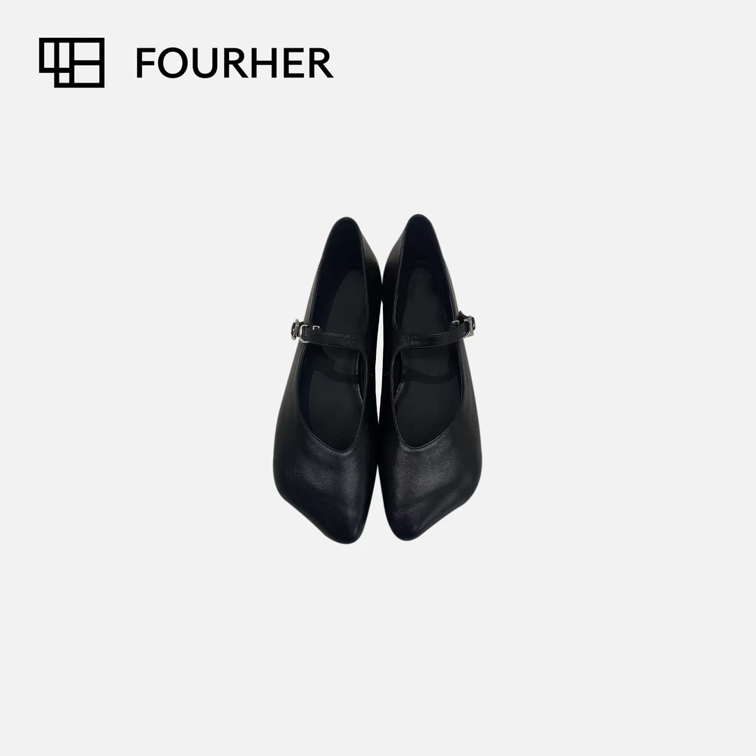FOURHER 牛角玛丽珍 不规则造型鞋头 复古一字带黑色羊皮平底鞋