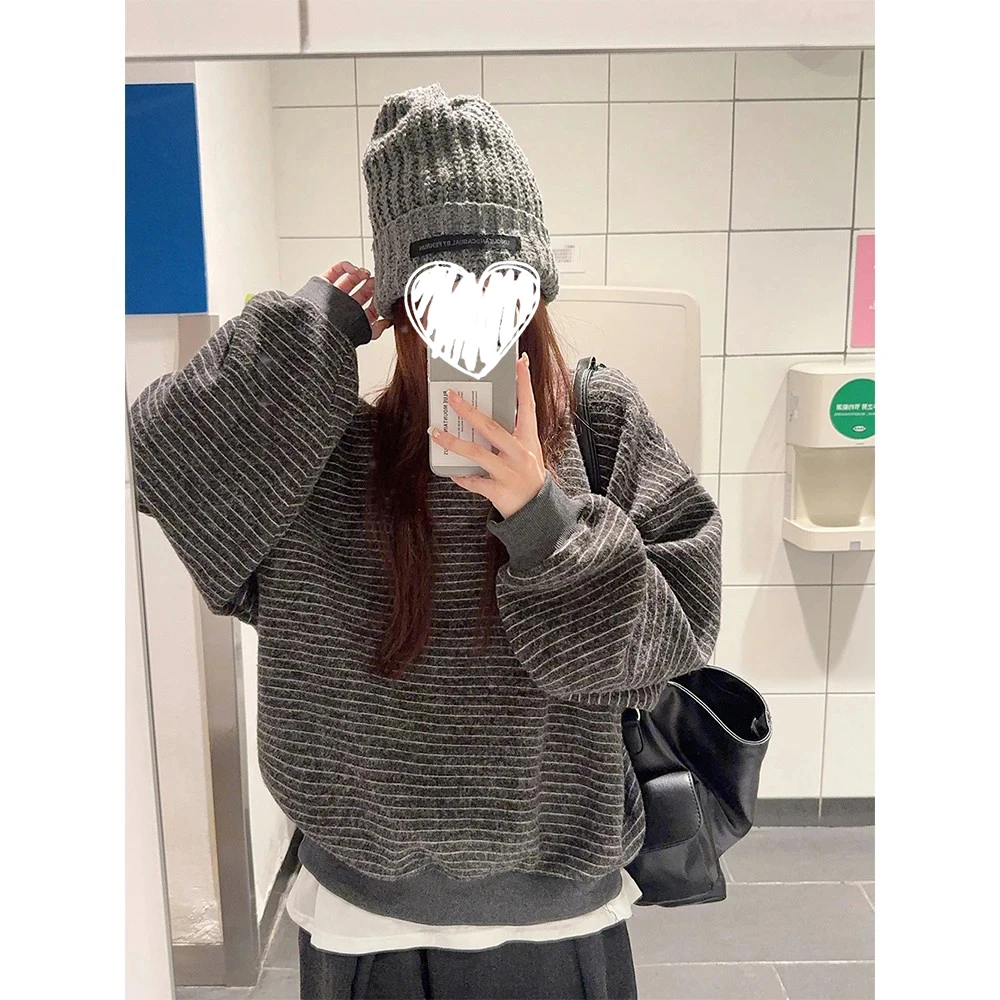 秋季圆领兔毛绒条纹INS套头卫衣长袖上衣慵懒风韩版休闲时尚W2