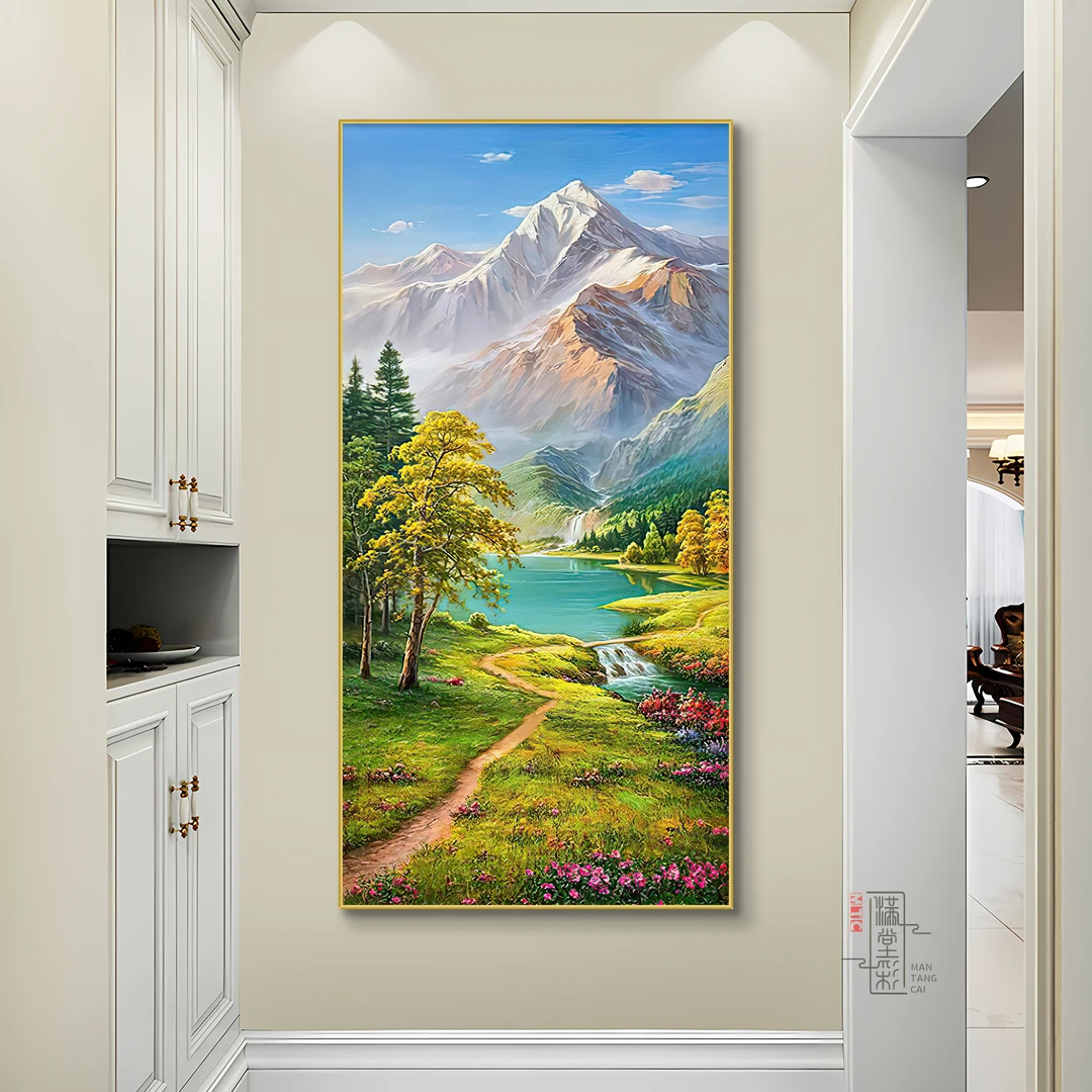 流水生财玄关装饰画入户正对门挂画高端大气走廊过道画山水风景画