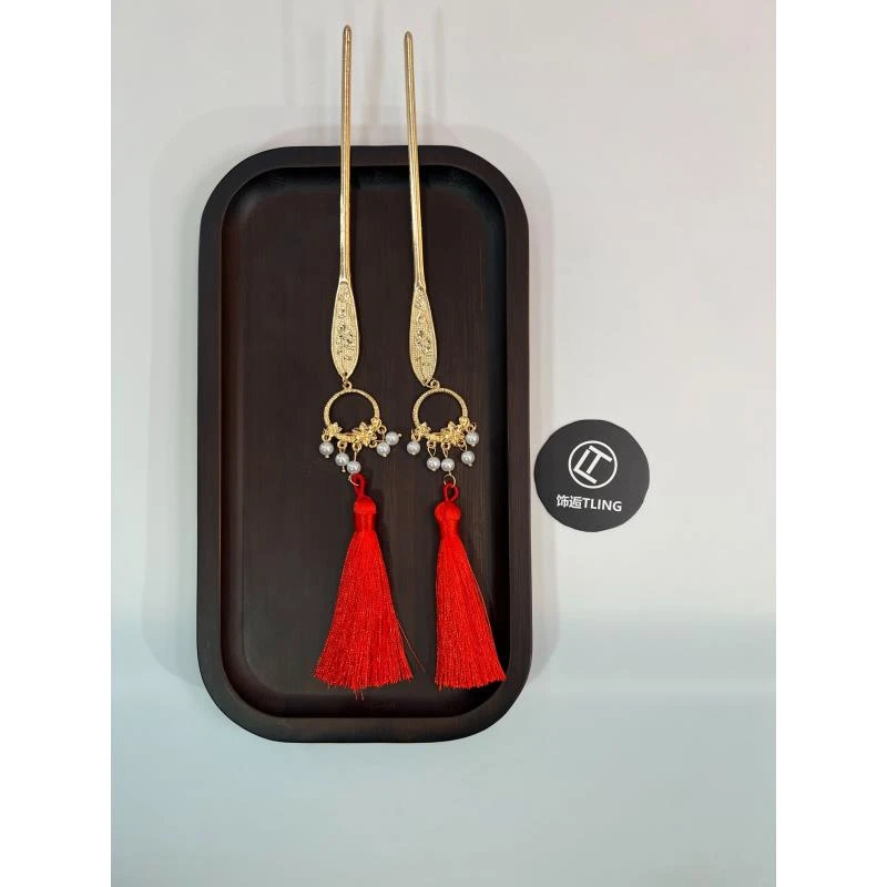 新年红色流苏新中式发簪对拆发饰发钗子（1001）