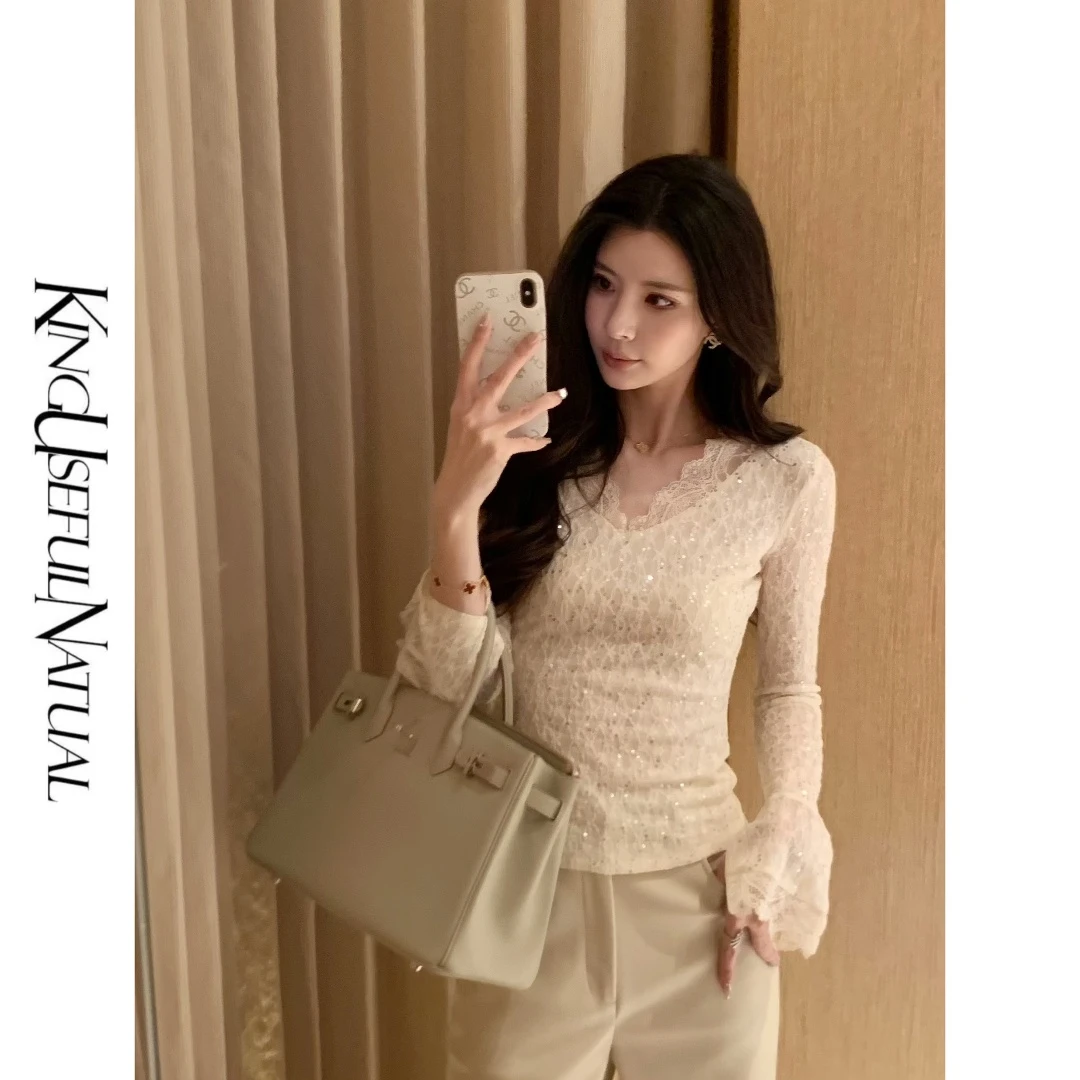 KUN【月光神女】叠穿bling 丝线拼贴蕾丝女人味微收腰打底上衣