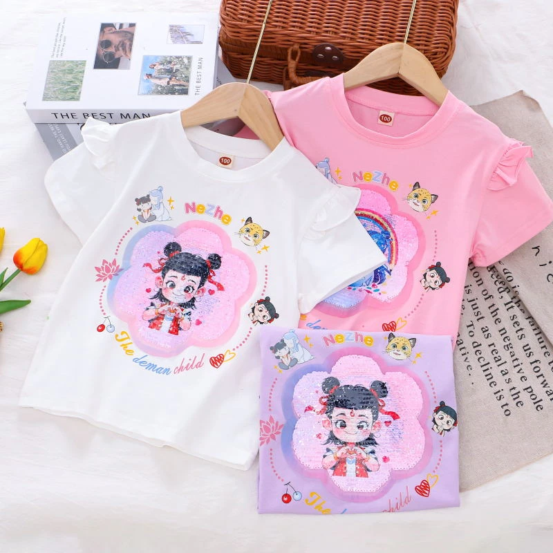 女童新款卡通哪吒变色亮片短袖t恤儿童夏季纯棉半袖