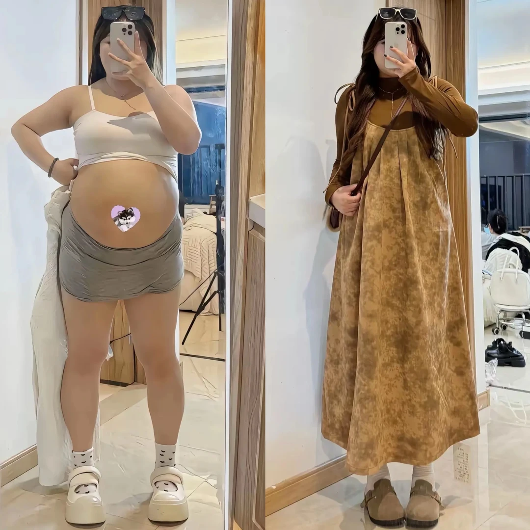 大码水墨晕染连衣裙高领打底衫两件套女胖mm显瘦秋季穿搭一整套装