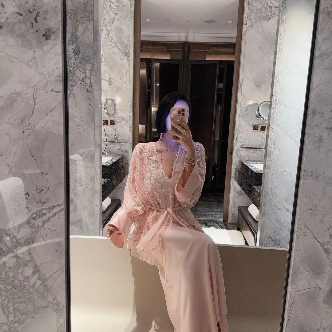 DOUWU【粉紫少女】粉色亮面净版拖地鱼尾半裙QZ13415