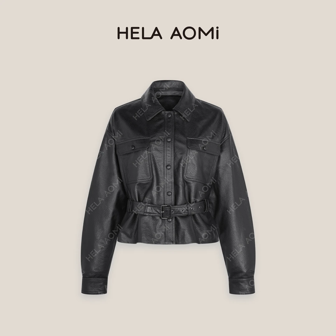 HELA AOMI“羊泡皮皮衣”复古设计感收腰显瘦短款夹克CY5AM00538