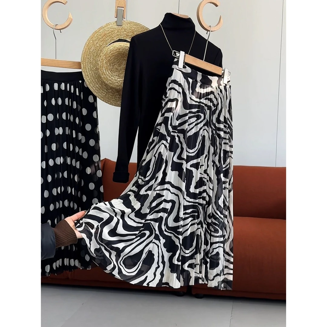 外贸女装黑色圆点豹纹高腰A字松紧腰半身裙时尚网纱飘逸显瘦裙子