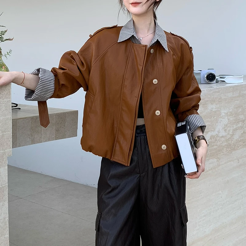 美式复古PU皮衣外套条纹拼接翻领皮夹克女5335-58B20