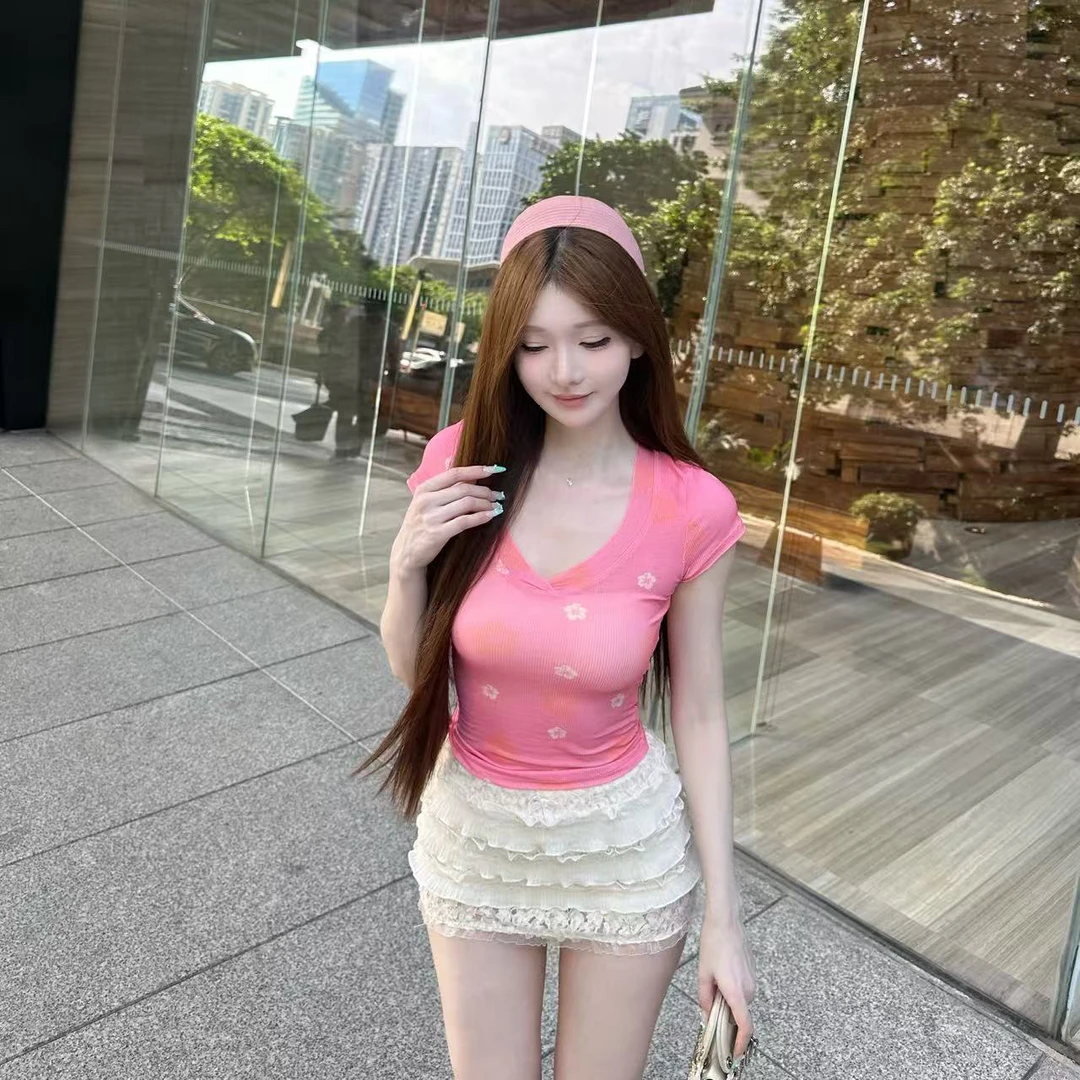 素铂舟舟【野生桔梗】小花明艳修身短袖上衣