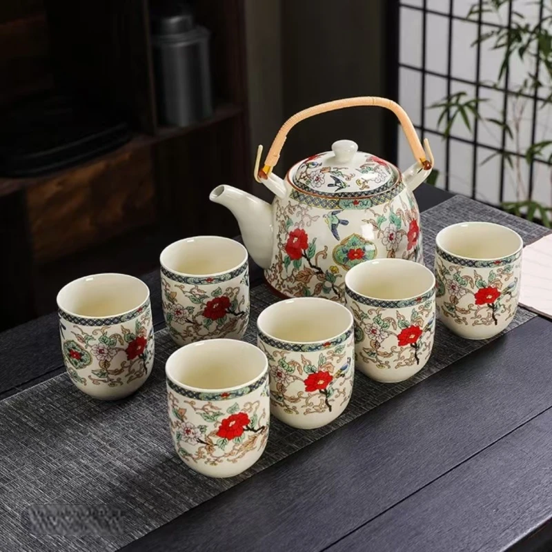 G2599-汝窑缠枝莲提梁壶一壶六杯