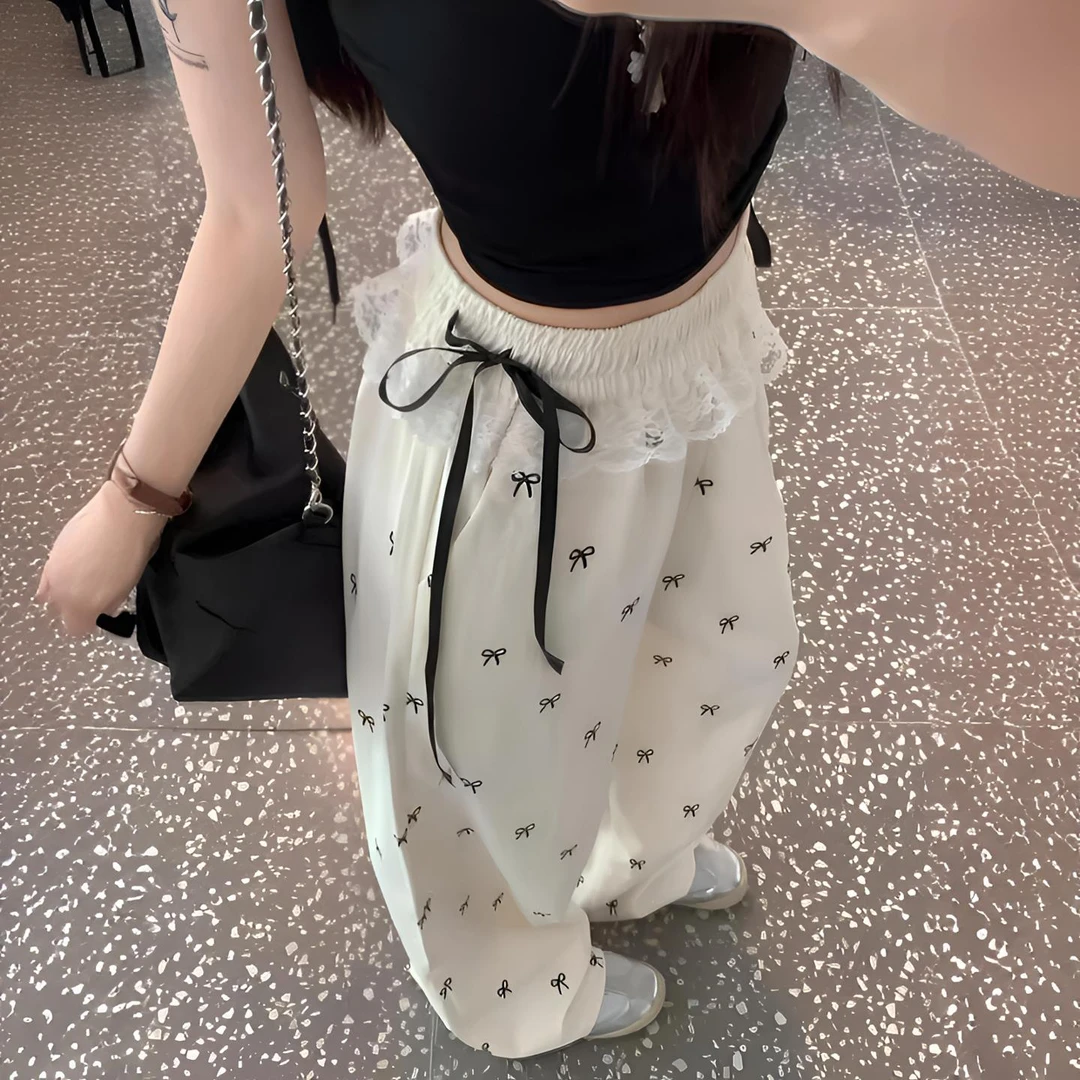 蕾丝花边拼接蝴蝶结裤子女装夏季新款高腰洋气溥款宽松休闲阔腿裤