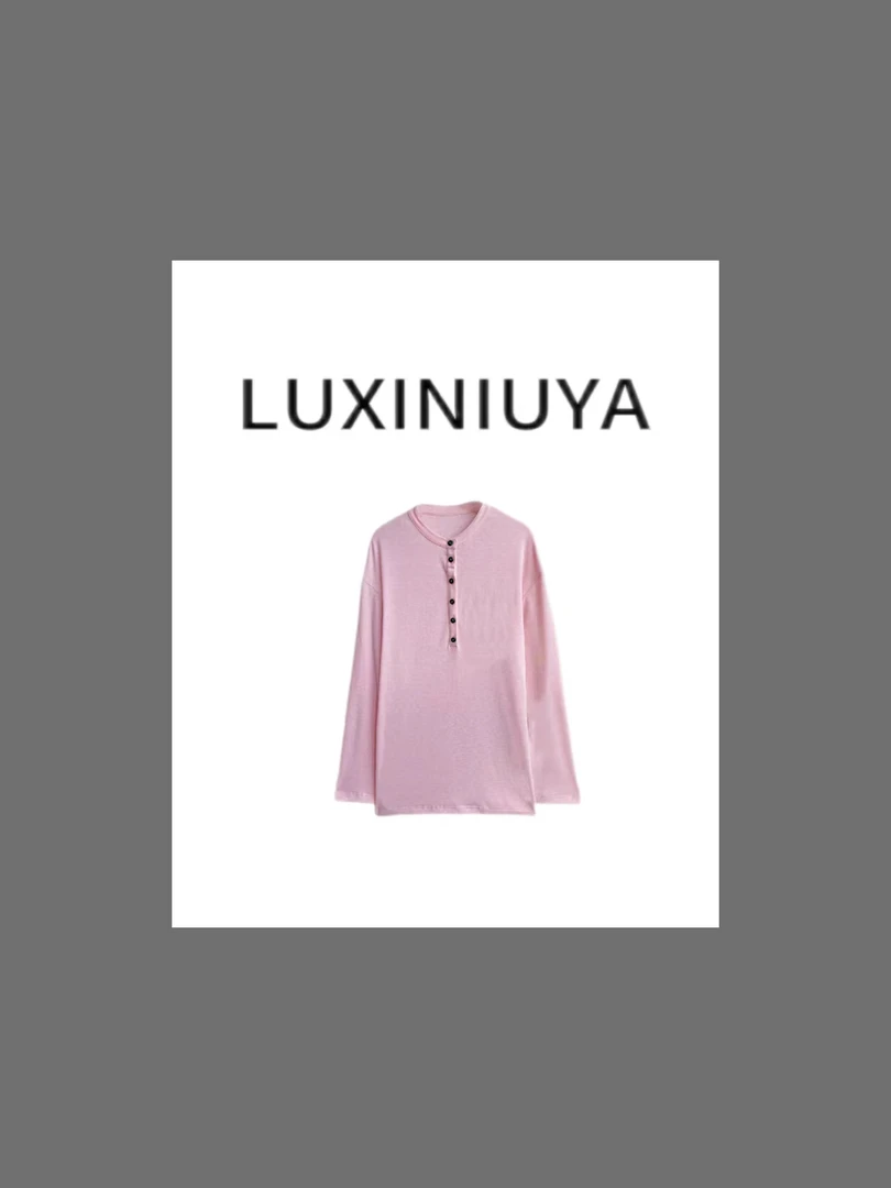 【LUXINIUYA】秋季新品打底衫休闲风亨利领衬衫袖长袖T恤女#CX1632
