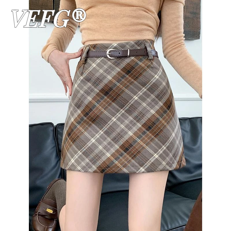 VEFG秋冬复古格子毛呢半身裙女胖mm小个子高腰显瘦包臀裙a字短裙