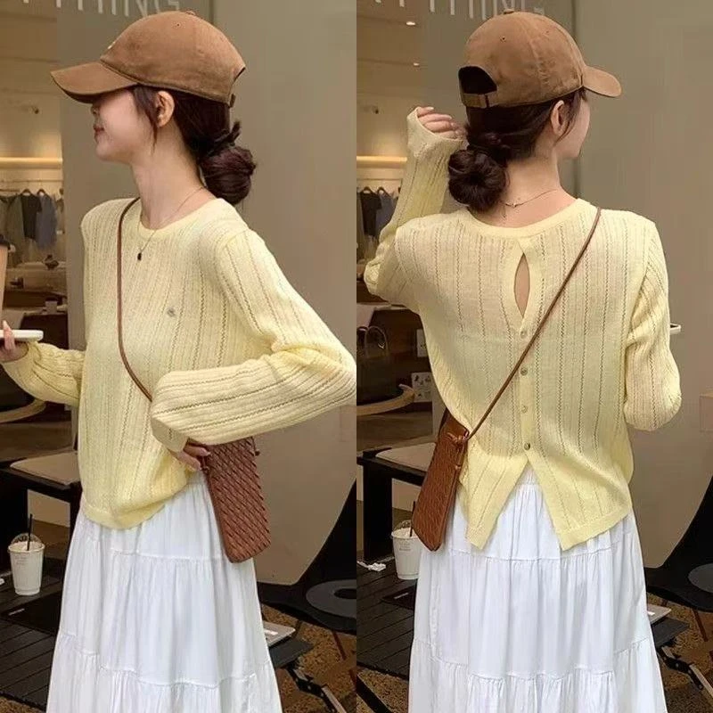 （运补5-8）潮流设计感后背单排扣镂空薄款长袖针织衫女春夏新款