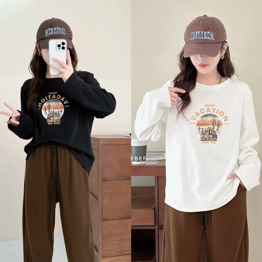 大码早春新款时尚百搭减龄圆领长袖加绒打底卫衣9005