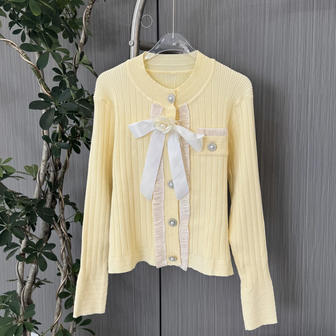 【妞妞】春秋新款时尚气质圆领针织开衫016668-黄色