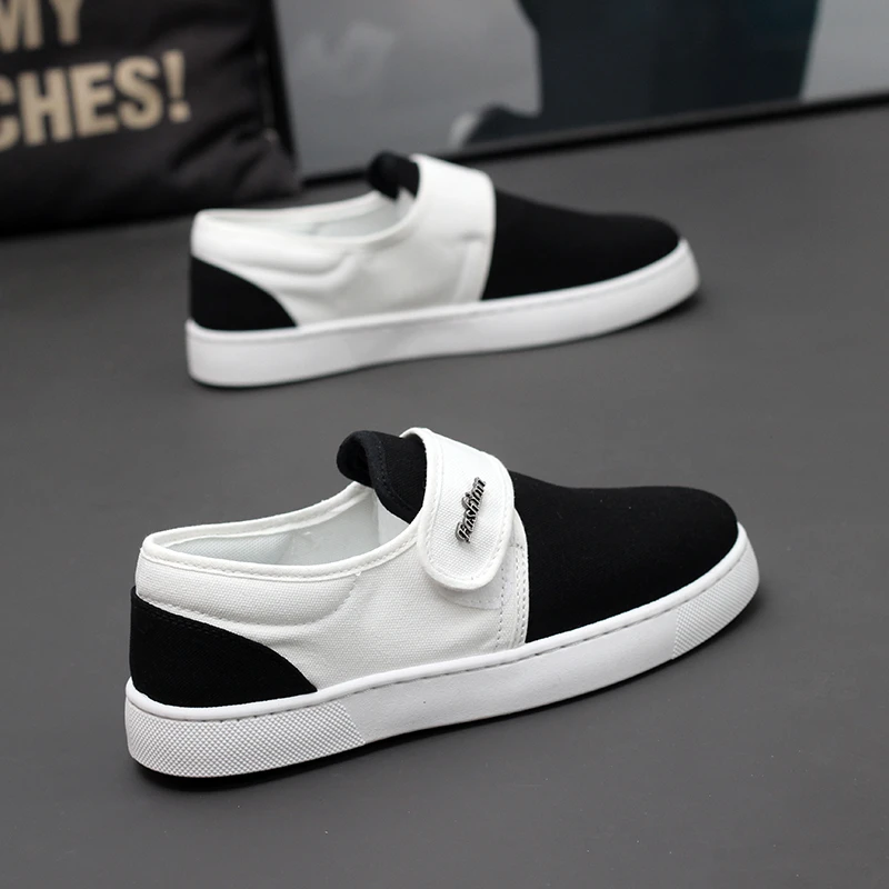 男鞋复古红底帆布鞋夏季新款魔术贴一脚蹬运动韩版百搭休闲板鞋潮