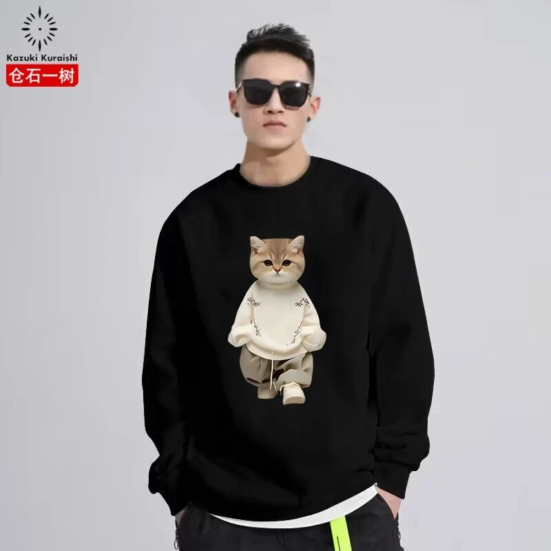 仓石一树潮流猫咪卡通印花圆领卫衣男秋冬新款宽松百搭情侣装上衣