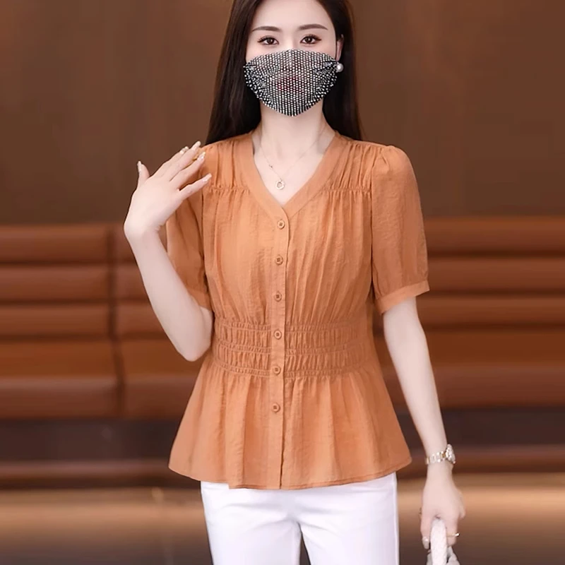 短袖衬衫女2025新款春夏季洋气质收腰小个子短款上衣女士V领小衫
