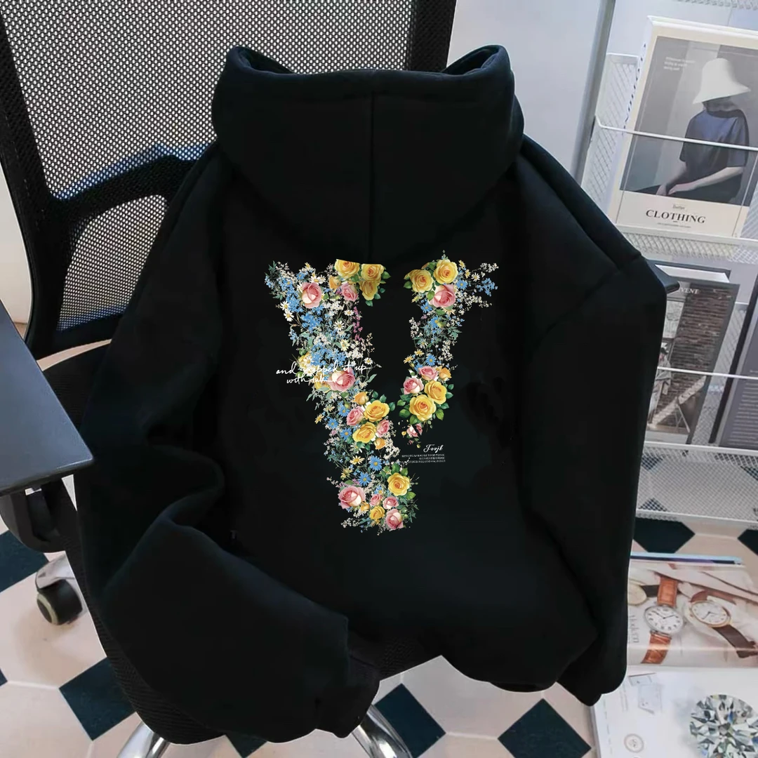 重磅加绒加厚潮牌美式玫瑰V连帽卫衣新款潮牌男女宽松潮牌外套is