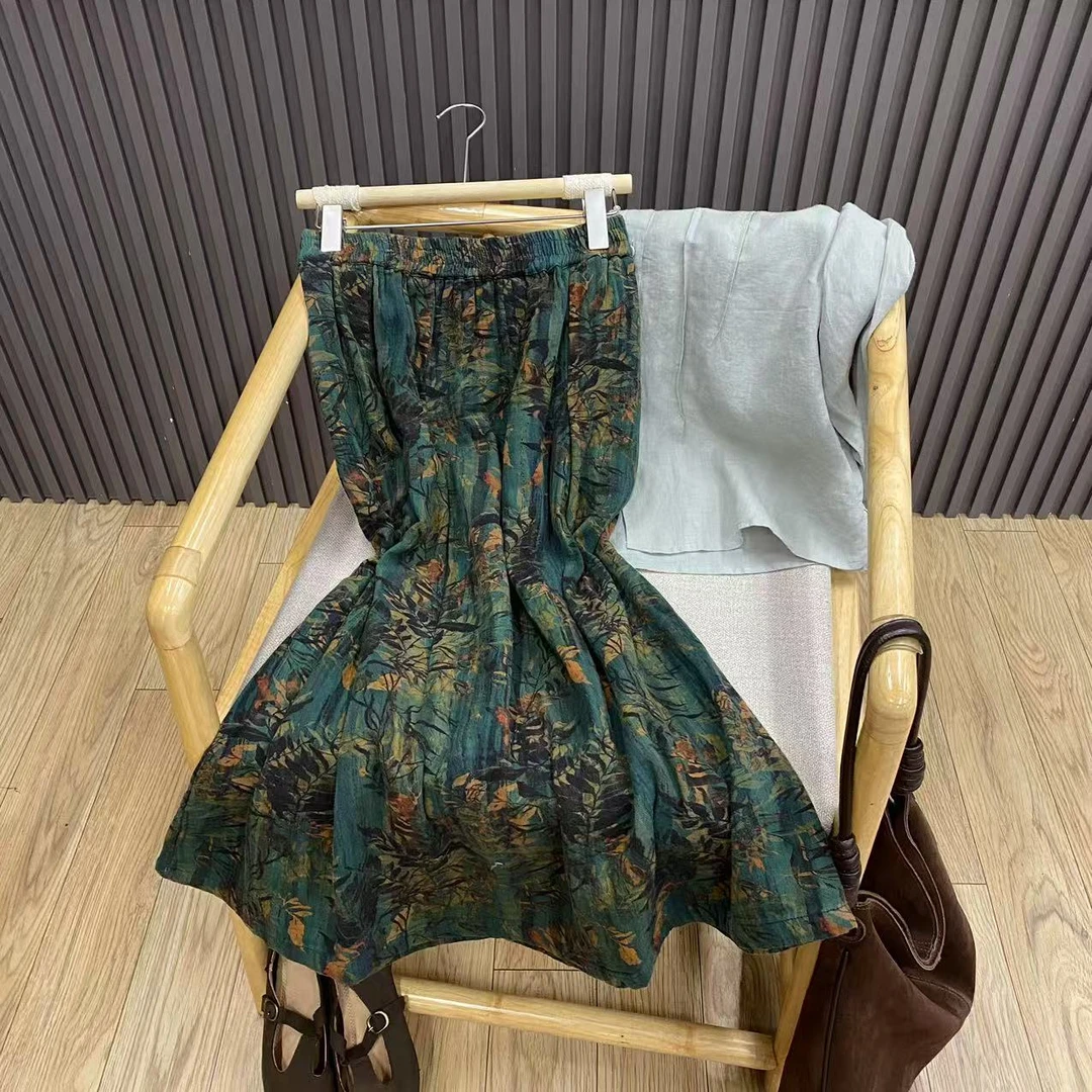 复古印花纯棉半身裙宽松百搭文艺显瘦中长款A字裙女Q99900b
