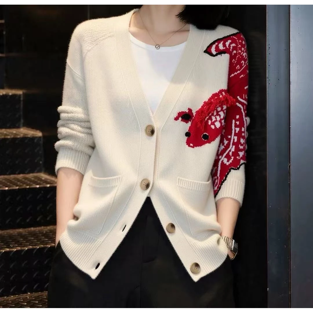 0545 Y22冬季新款气质宽松高级感撞色锦鲤提花V领k4-1