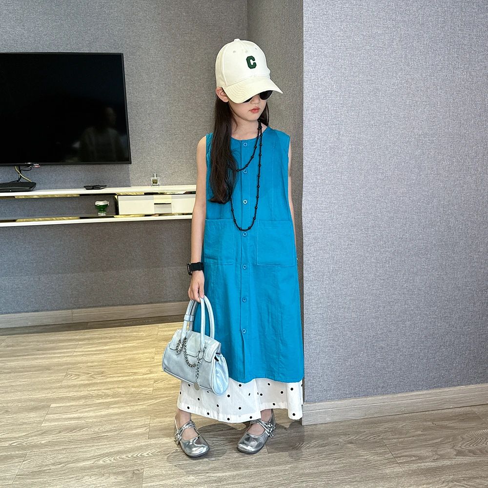 女童长款无袖衬衫连衣裙套装2025夏季新款白色阔腿裤子森系两件套