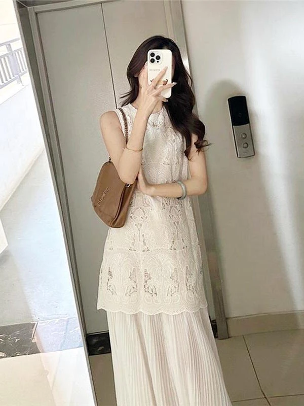 夏季流行穿搭气质白色假两件拼接连衣裙独特漂亮长裙法式镂空裙子