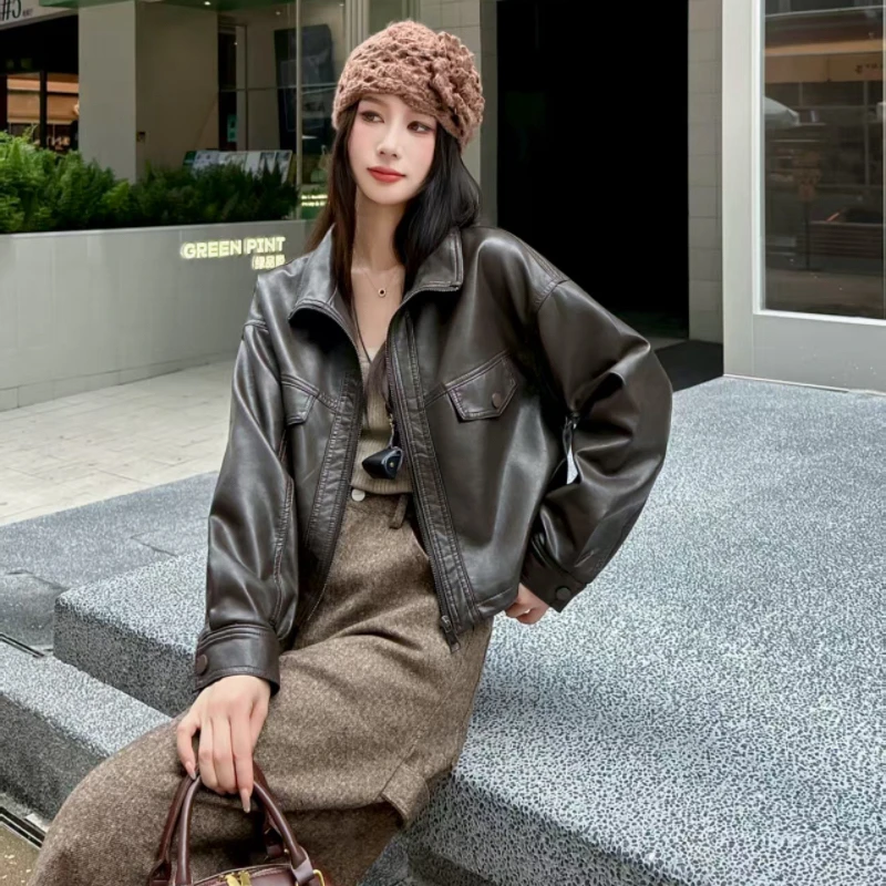 立领秋冬新款时尚百搭宽松显瘦气质简约设计皮衣外套女上衣女潮款