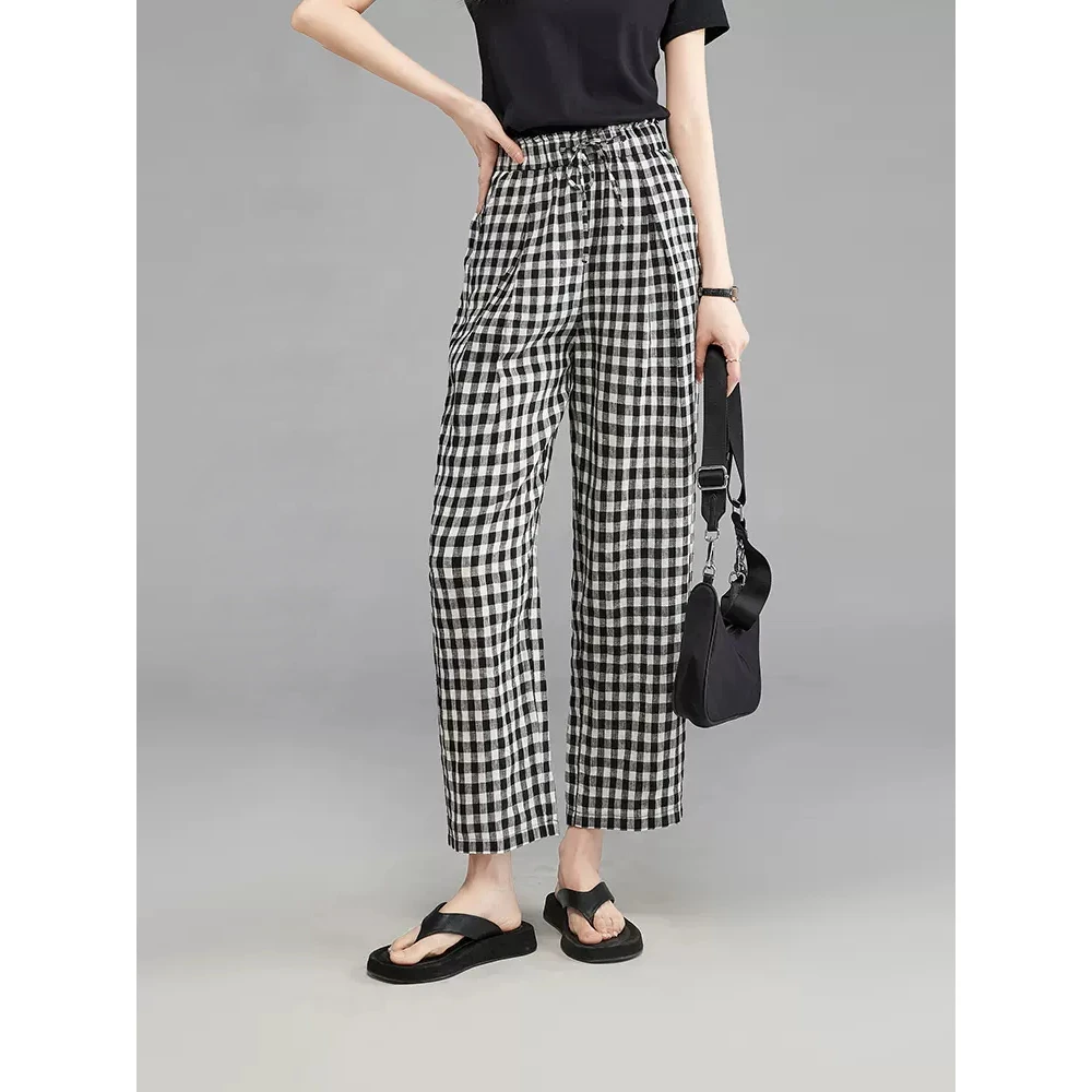 小个子格子九分直筒裤子女新款棉质夏季薄款休闲裤宽松显瘦裤子女