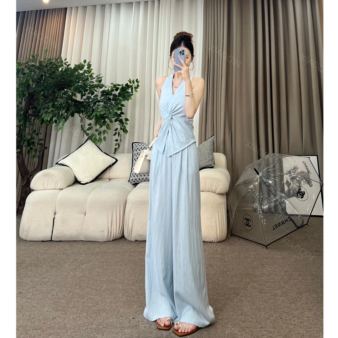 XIAOQIN【南方诗集】夏季简约无袖扭结收腰高腰阔腿长裤套装Y0027