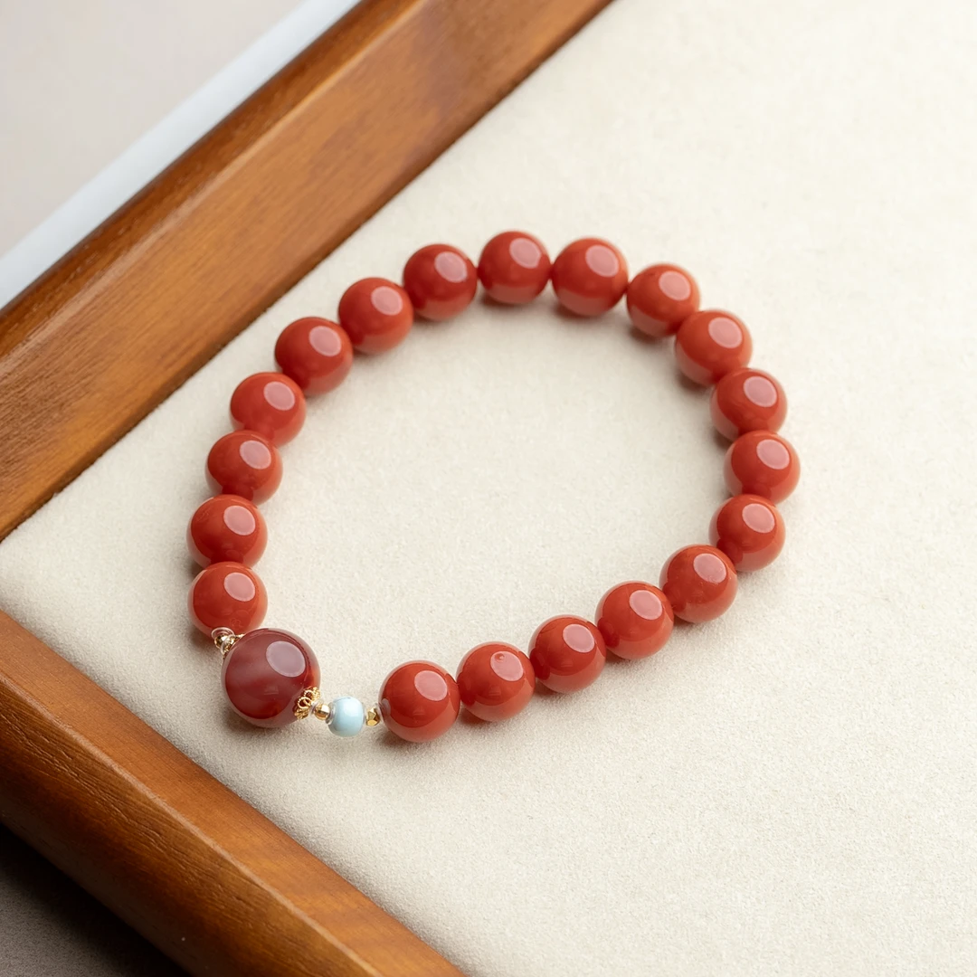 【18k】火焰纹南红9mm瓦西料单圈手串女士气质珠宝文玩