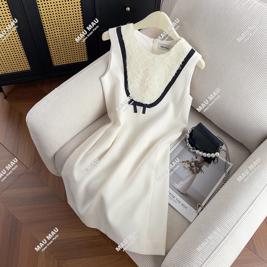 MIUMEN女装2025夏季法式千金风蝴蝶结拼接流苏背心连衣裙女DY7834