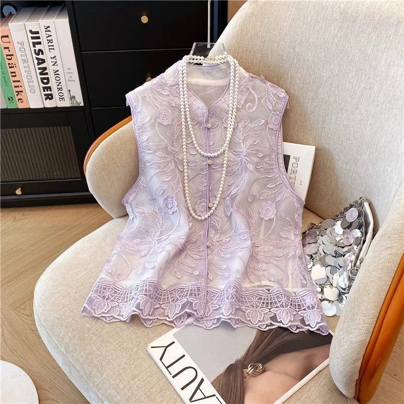 蕾丝立领盘扣时尚欧根纱国风新款复古新中式国风夏季年轻网红马甲