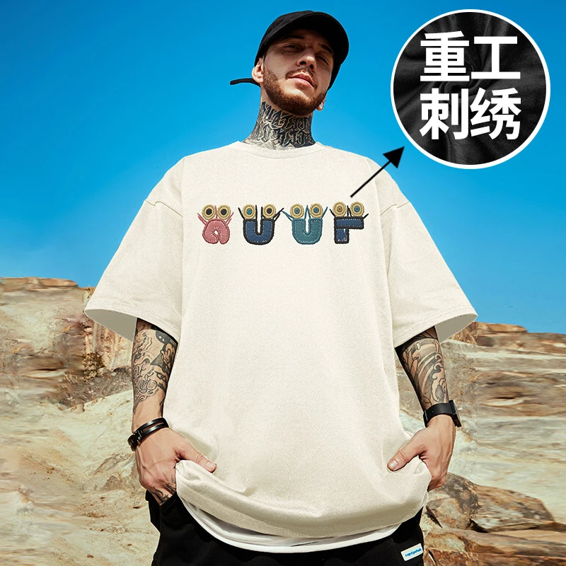 刺绣短袖T恤300斤大码男装重磅美式加肥加大纯棉男士胖子半袖夏季