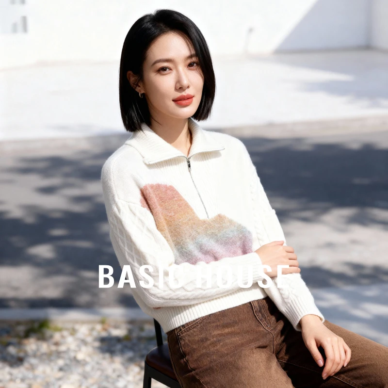 Basic House/百家好半拉链晕染拼接毛衣冬季设计感套头落肩上衣女