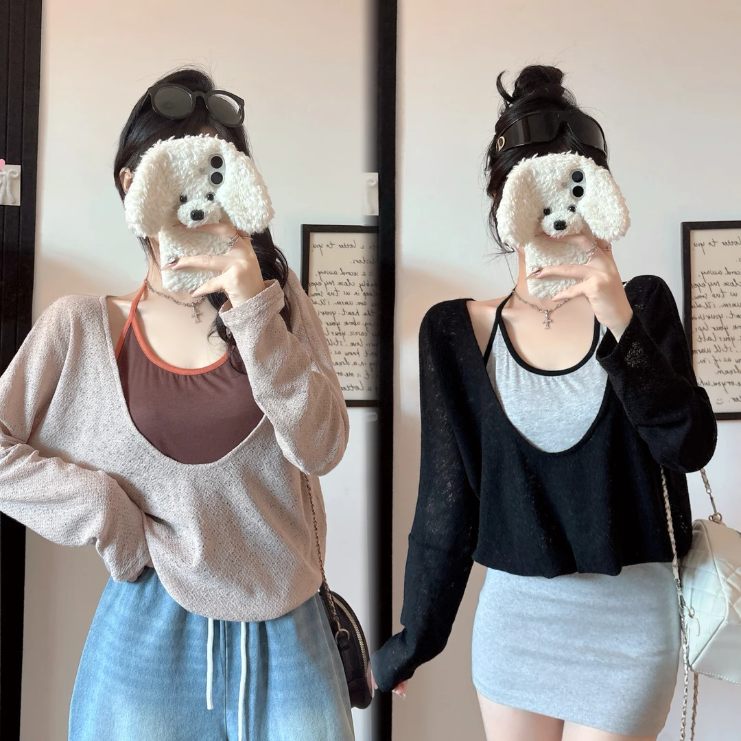 大码女装微胖mm假两件拼接T恤辣妹挂脖针织长袖罩衫薄款防晒上衣