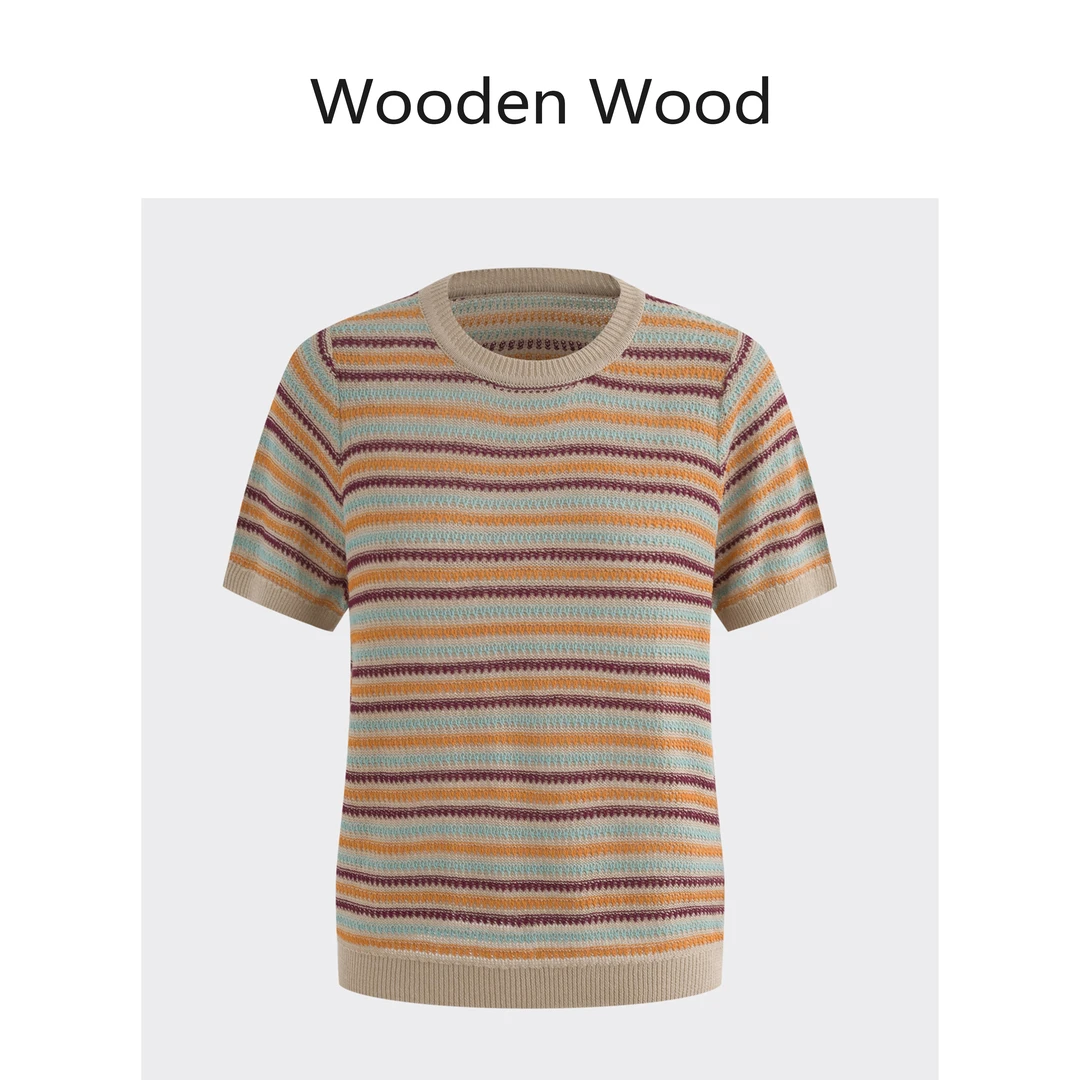 Wooden Wood“诺兰庄园”高级感条纹撞色设计亚麻短袖针织衫P25273