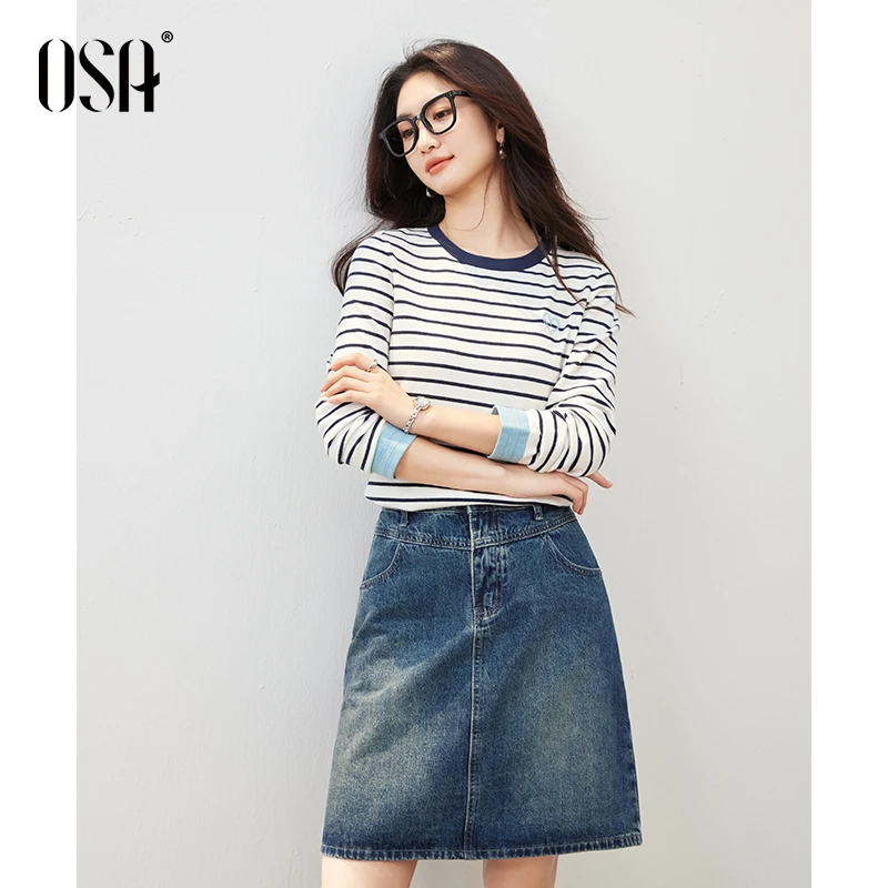 OSA/ 经典海魂风条纹长袖女休闲宽松打底衫上衣S125C16003