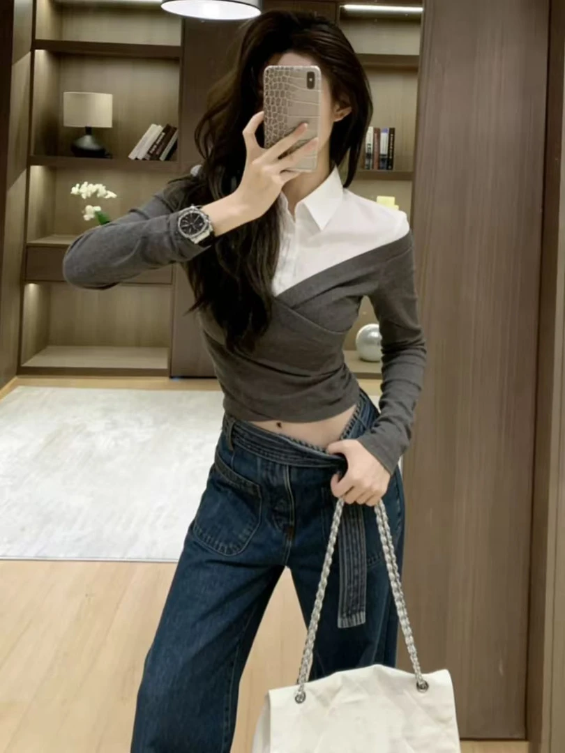 高级感气质短款衬衫领拼接假两件上衣设计感阔腿裤套装