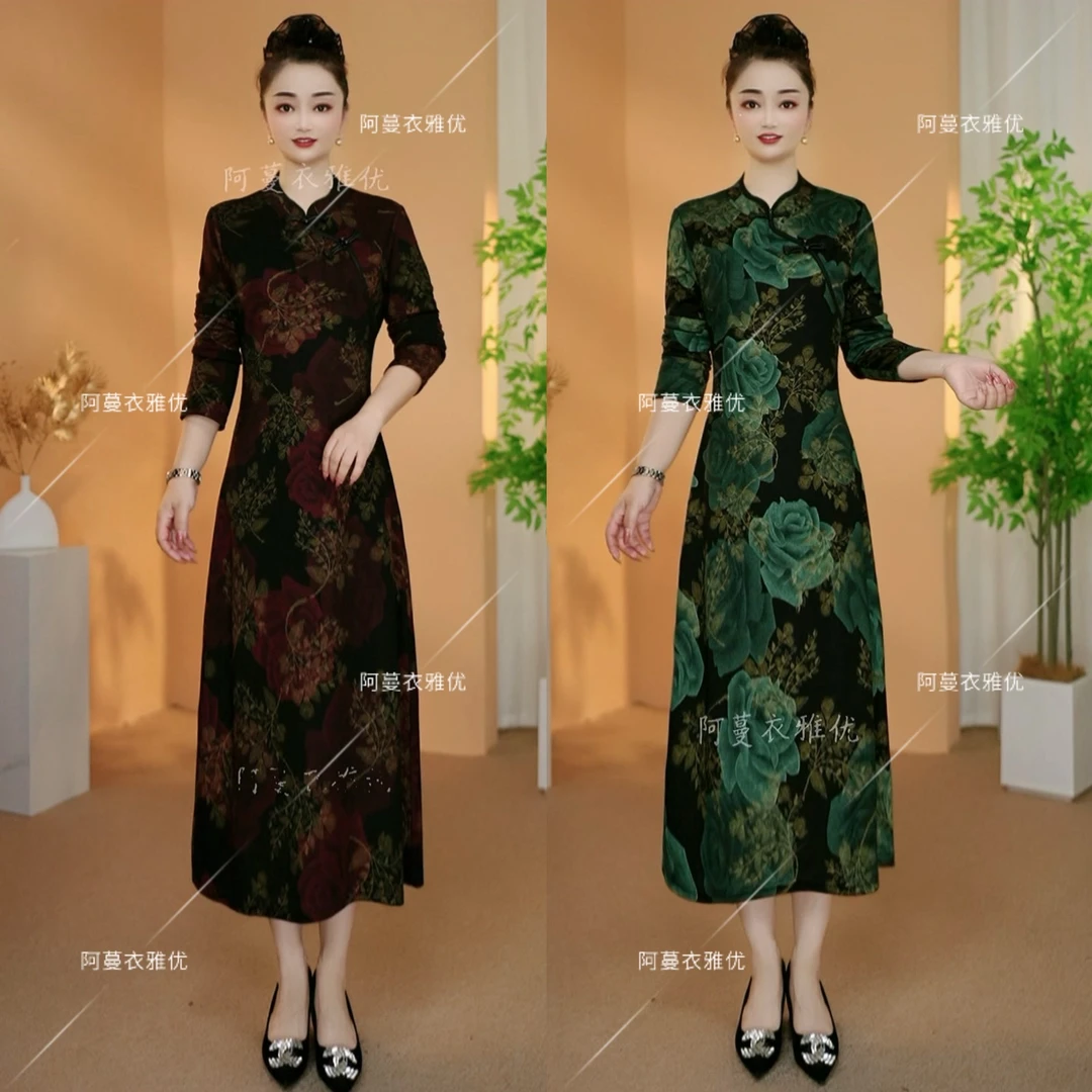 【衣雅严选】8208-2450#新加厚螺纹棉烫金斜门襟新中式旗袍连衣裙