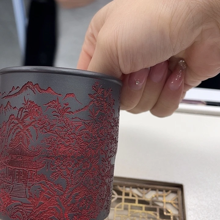 茶杯紫砂石黄刻绘主人杯