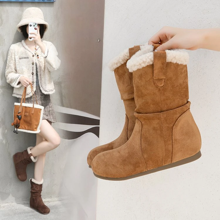 冬季胶粘增高马丁靴咖色中筒女靴加厚加绒女靴平底