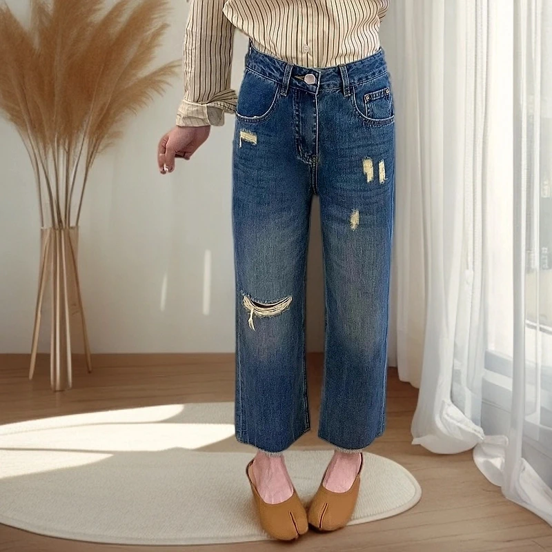 蓝色直筒破洞牛仔裤女夏季新款大码胖mm显瘦梨形身材宽松阔腿裤子