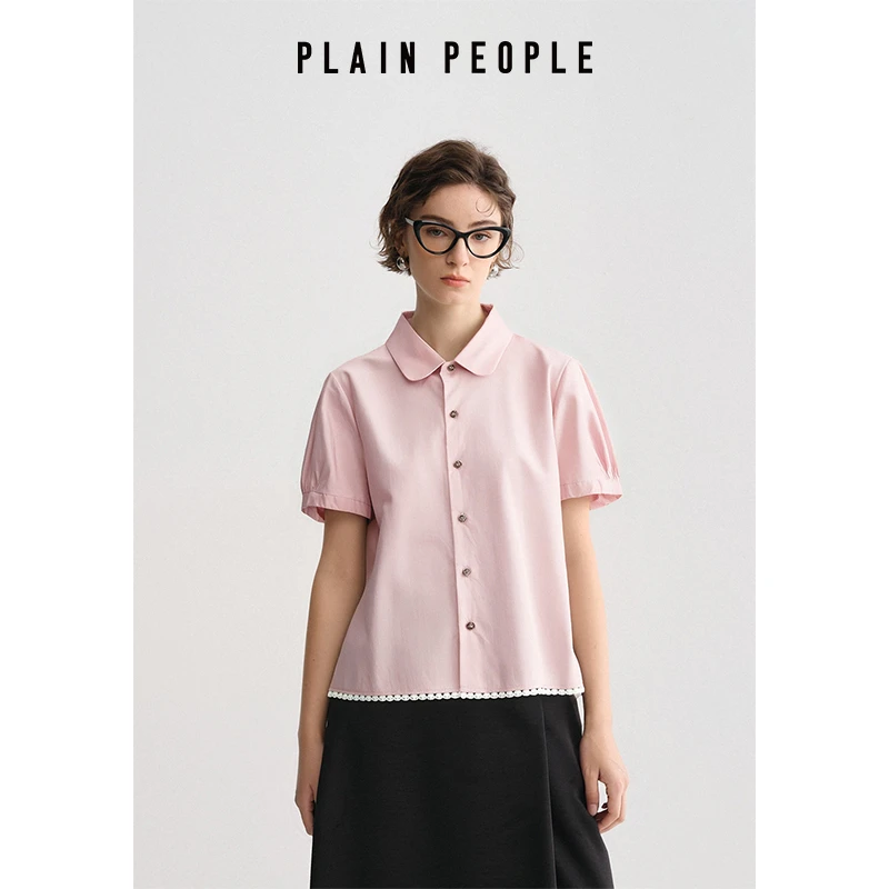 PLAIN PEOPLE学院轻通勤翻领泡泡袖花边衬衫上衣女2025夏季新款