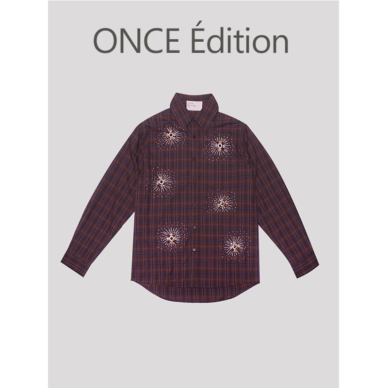 ONCE edit “FLoat World”格兰精棉 巴黎贵气格纹烫钻手缝钻饰衬衫