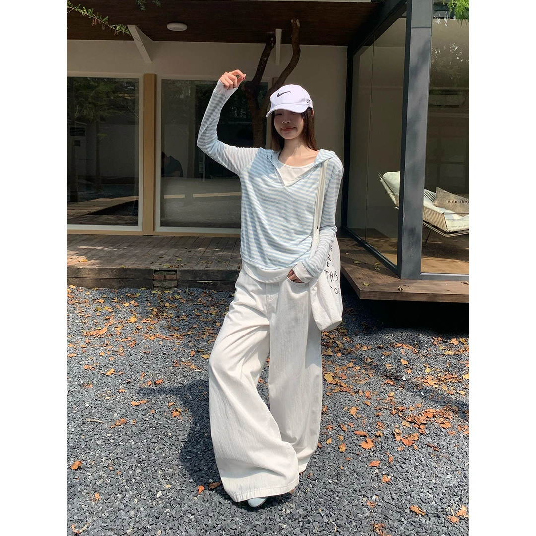 宋正恩白色肌理感直筒休闲裤女夏韩系弯刀阔腿裤拖地裤AA82931