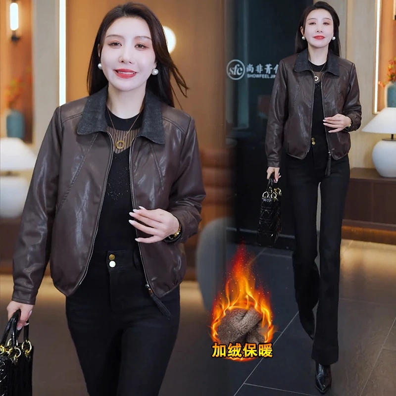 加绒加厚皮衣外套女2025冬季新款宽松显瘦百搭保暖皮夹克棉袄上衣