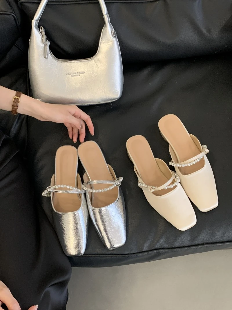 法式拖鞋女外方头包头外穿2025夏季新款仙女时尚百搭懒人珍珠通勤