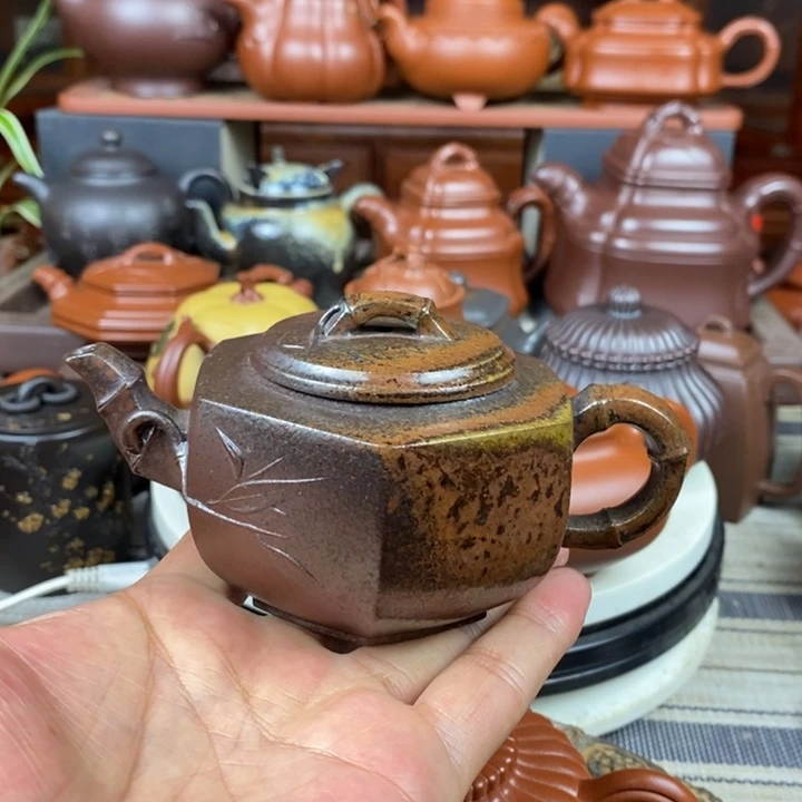茶壶紫砂六方竹节180CC原矿老紫泥柴烧特价