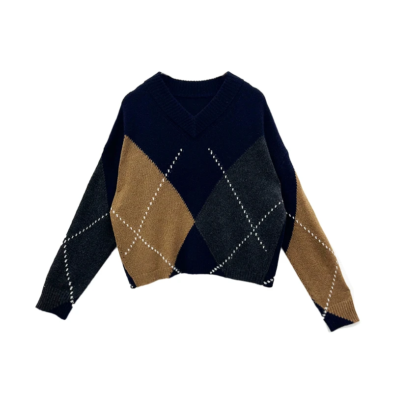 FOURHER 藤校菱格 Sporty 复古学院 撞色方块V领耗牛绒针织衫